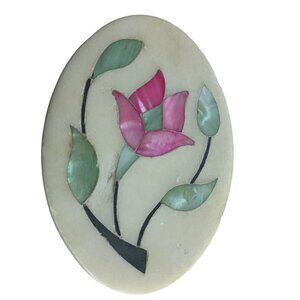 Vtg Soapstone Trinket Box Mother of Pearl Inlay 3"x2"x1" Oval Made in India